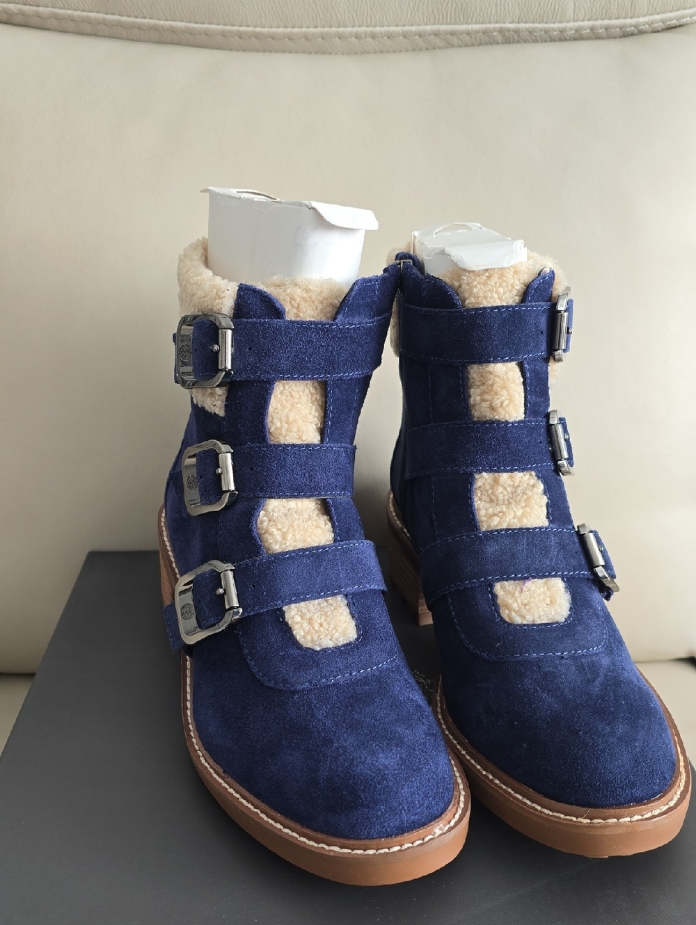 Vince Camuto Navy Suede Shearling-Trim Lace-Up Buckle Ankle Boots